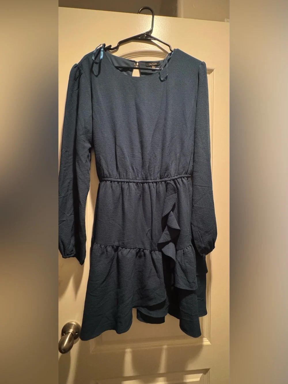 City Studio Green Blue Long-Sleeve Ruffle Hem Dress